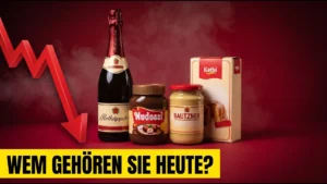 Rotkäppchen-Flasche, Nudossi-Glas, Bautzner-Becher und Kathi-Packung auf rotem Grund unter der gelben Leiste „Wem gehören sie heute?“