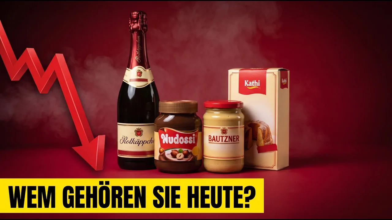 Rotkäppchen-Flasche, Nudossi-Glas, Bautzner-Becher und Kathi-Packung auf rotem Grund unter der gelben Leiste „Wem gehören sie heute?“