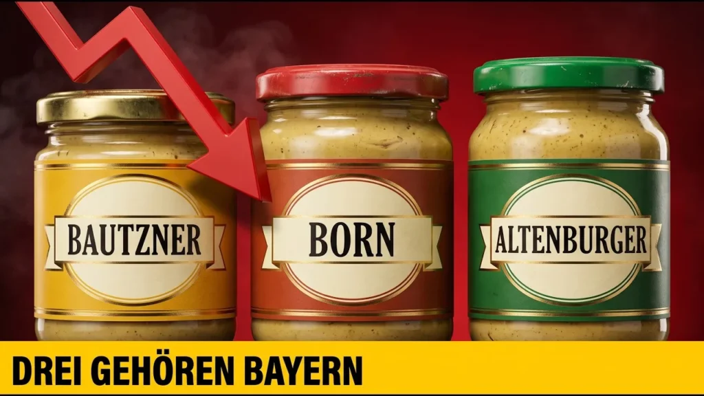 Titelbild der Senf-Folge: drei Senfgläser von Bautz’ner, Born und Altenburger auf rotem Grund mit der gelben Leiste „Zwei Rivalen – ein Besitzer“