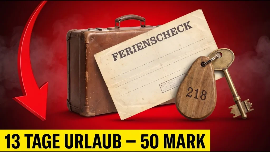 Titelbild der Folge über 14 FDGB-Ferienheime: Ferienscheck und Ferienheim-Motiv unter der gelben Leiste zur Frage, was heute in den Häusern ist