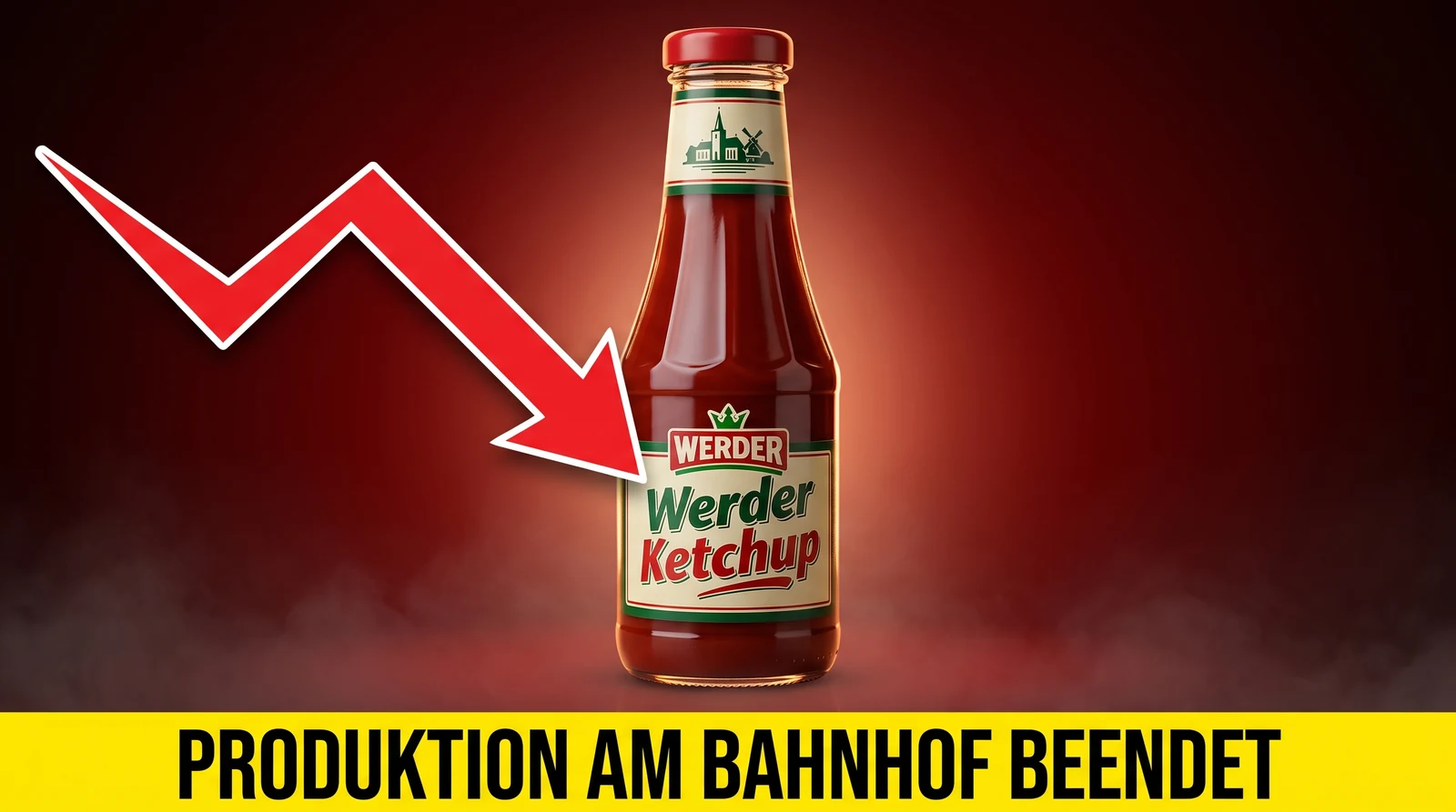 Werder-Ketchup-Flasche auf dunkelrotem Hintergrund mit Abwärtspfeil und der Aufschrift „Produktion am Bahnhof beendet“.